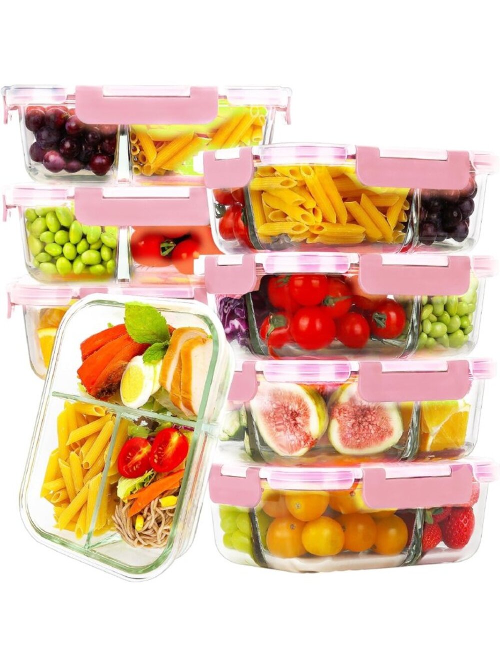8-Pack Large 36oz Glass Meal Prep Containers with 3 Compartments & Lids